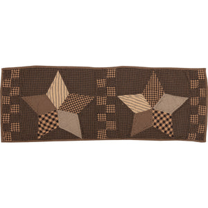 A rectangular quilted table runner featuring two rustic star motifs and checkered borders in brown, beige, and black gingham patterns, shown against a plain white background.
