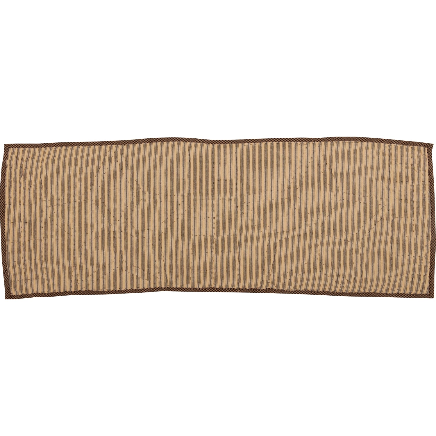 A rectangular woven runner rug with vertical brown and beige stripes and a solid dark brown border, shown flat against a white background.