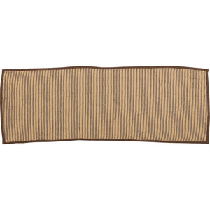 A rectangular woven runner rug with vertical brown and beige stripes and a solid dark brown border, shown flat against a white background.