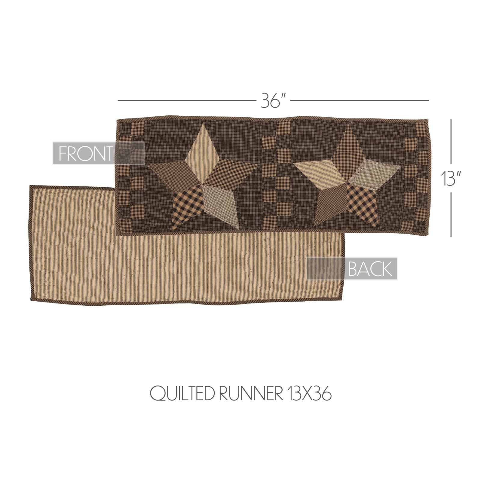 A quilted runner rug shown with front and back views on a white background, with dimension lines indicating 36 inches by 13 inches. The top half shows a brown and tan star-and-block quilted pattern, and the bottom half shows a beige and brown striped reverse side.