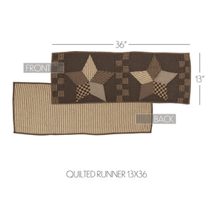 A quilted runner rug shown with front and back views on a white background, with dimension lines indicating 36 inches by 13 inches. The top half shows a brown and tan star-and-block quilted pattern, and the bottom half shows a beige and brown striped reverse side.