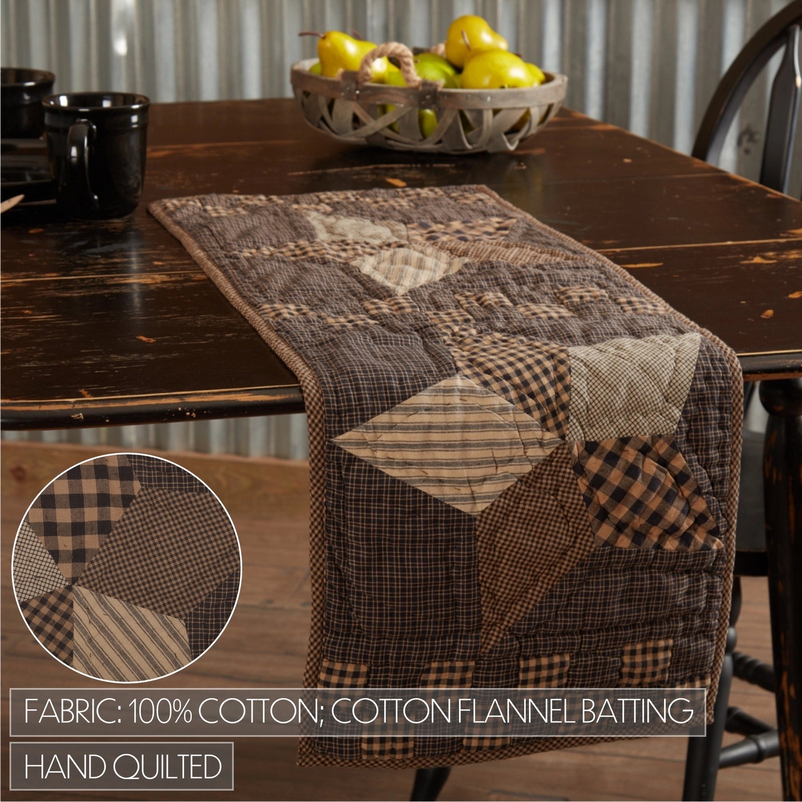 Farmhouse Star Quilted Table Runner – 13” x 36” | Primitive Black & Khaki Patchwork
