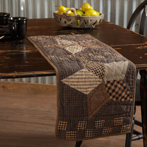 Patchwork table runner on a wooden table with a bowl of lemons in the background.
