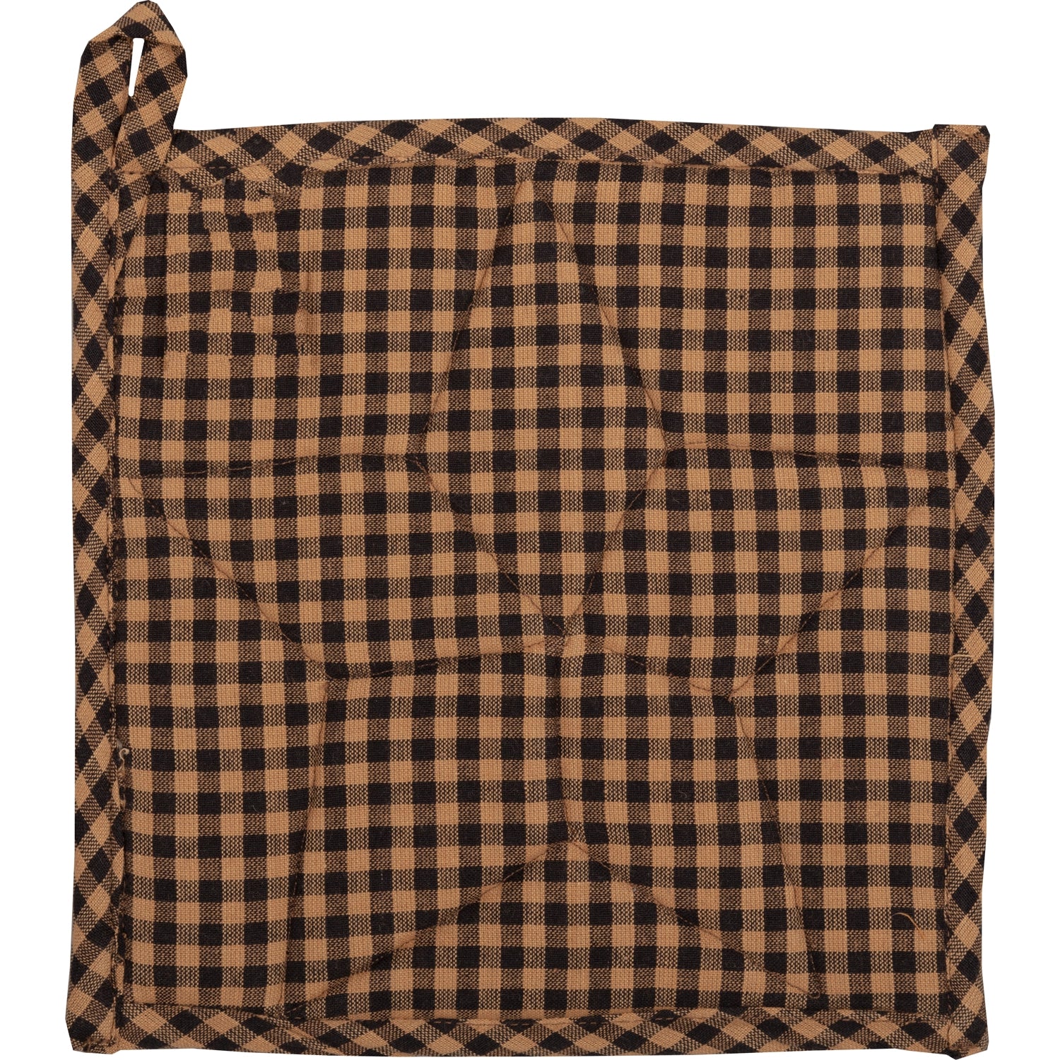 Brown and black checkered fabric square with a visible brand label.