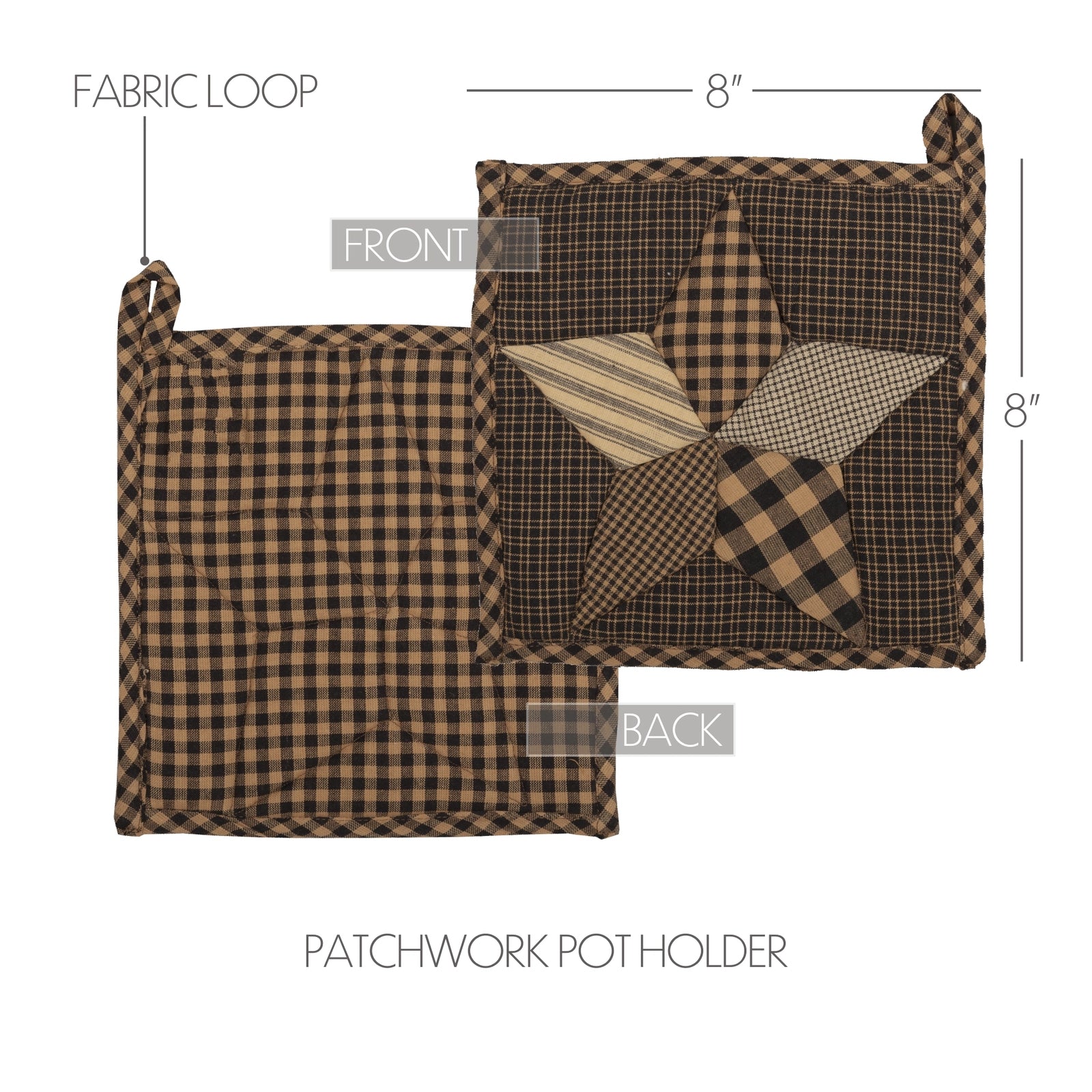 Patchwork pot holder shown front and back with dimension labels. The pot holder is brown and tan gingham with a central patchwork star design in brown, tan, and black plaid.