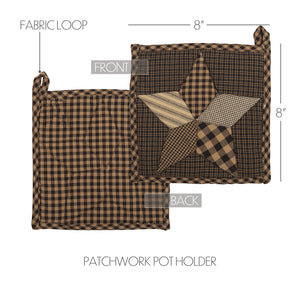 Patchwork pot holder shown front and back with dimension labels. The pot holder is brown and tan gingham with a central patchwork star design in brown, tan, and black plaid.