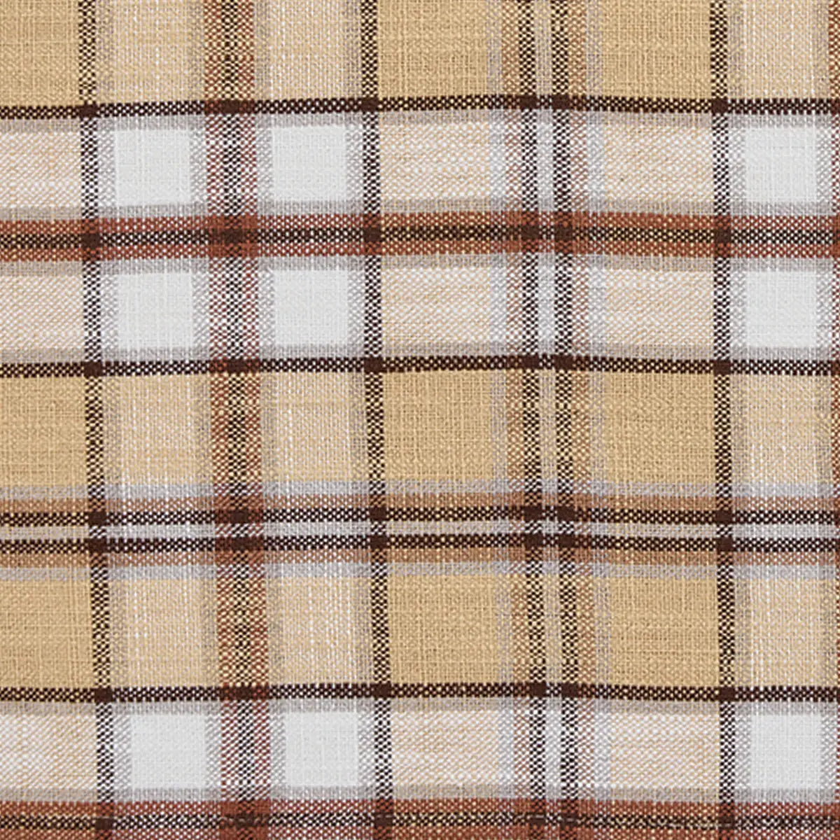 A close-up of a plaid fabric pattern with a warm beige base, white blocks, and brown and black intersecting stripes.
