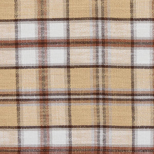 A close-up of a plaid fabric pattern with a warm beige base, white blocks, and brown and black intersecting stripes.