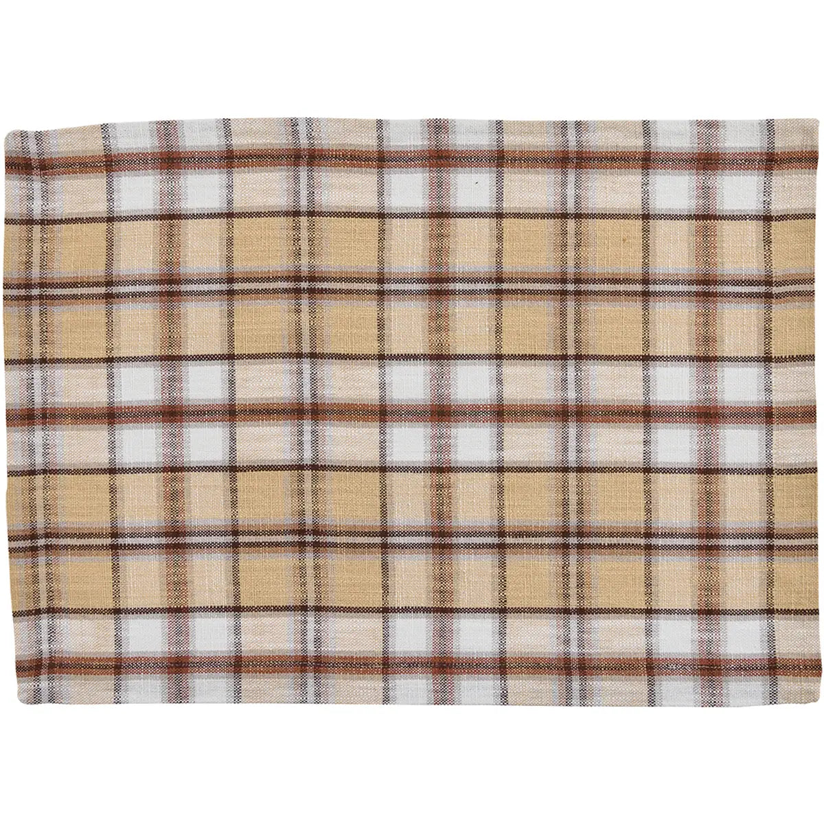 A square woven textile with a plaid pattern in beige, white, and brown, shown flat against a white background.