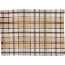 A square woven textile with a plaid pattern in beige, white, and brown, shown flat against a white background.