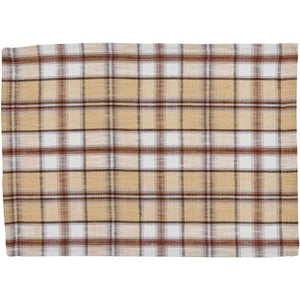 A square woven textile with a plaid pattern in beige, white, and brown, shown flat against a white background.