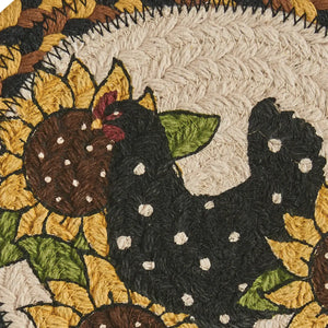 Decorative rug with a rooster and sunflower design on a textured background