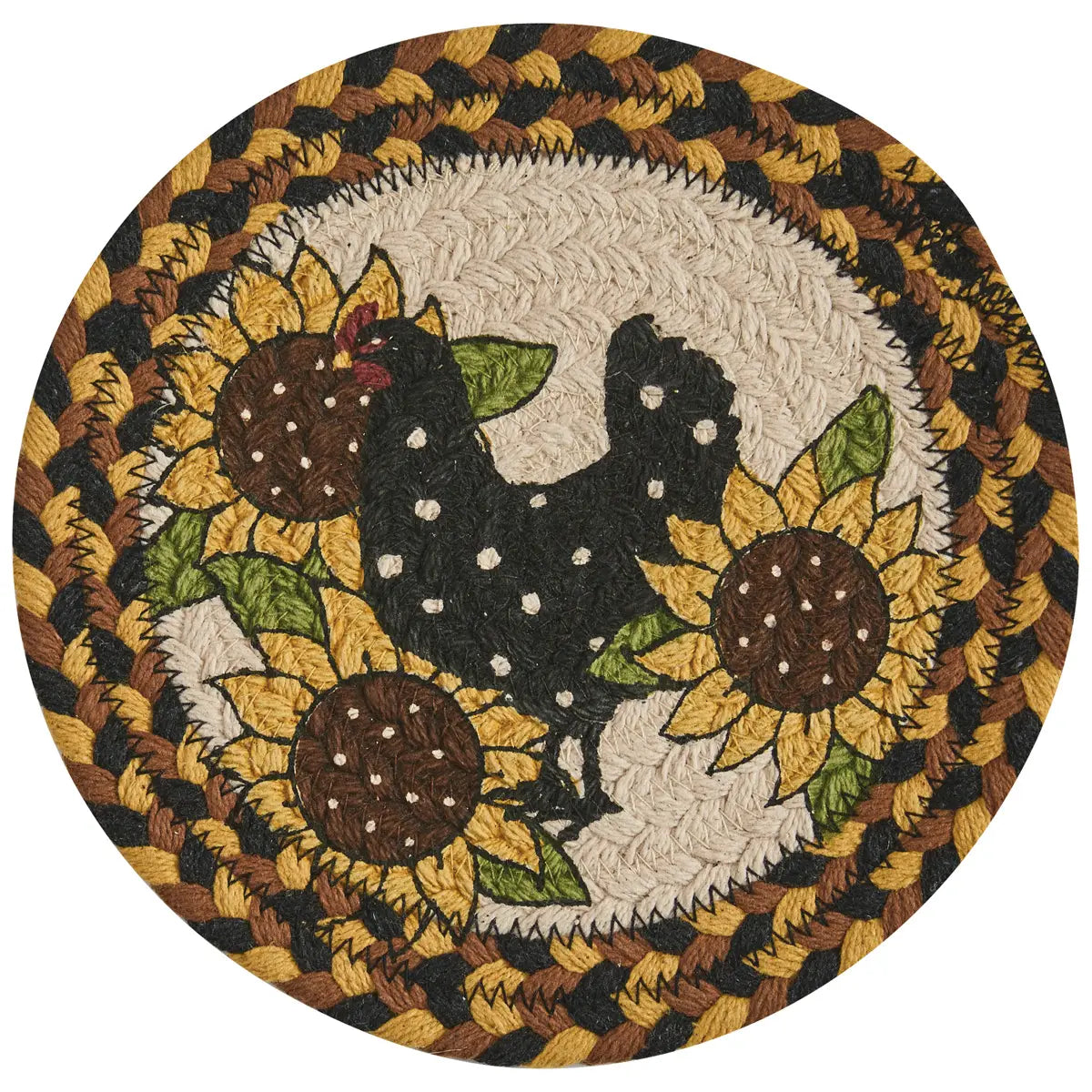 Round trivet with rooster and sunflower design on a white background