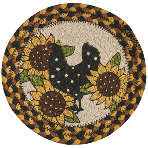 Round trivet with rooster and sunflower design on a white background
