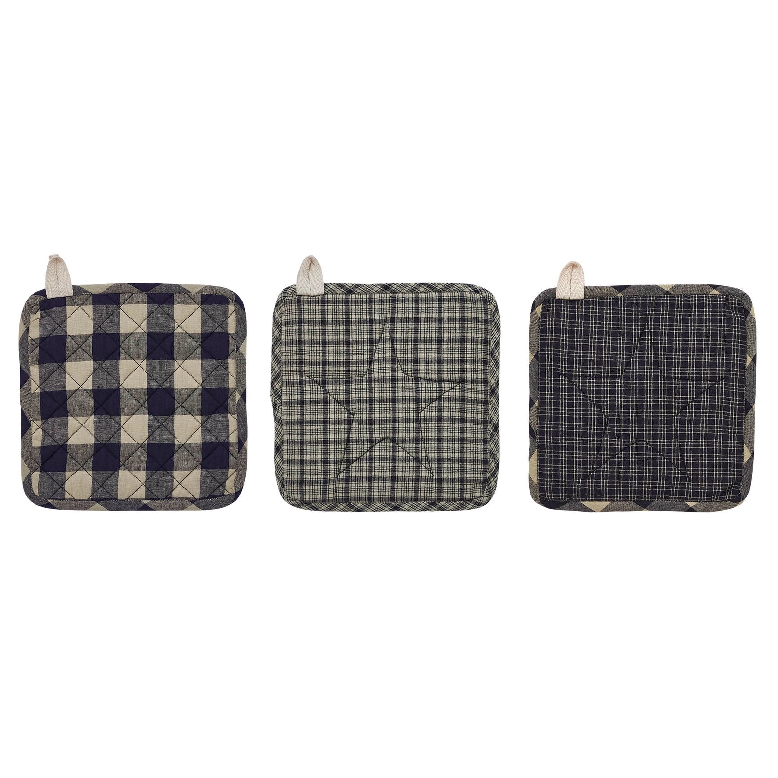 Three quilted fabric potholders with cream handles, displayed side-by-side on a plain white background. The left potholder features a navy blue and beige diamond grid pattern, the middle features a muted green and beige starburst pattern, and the right features a dark gray and beige starburst pattern.