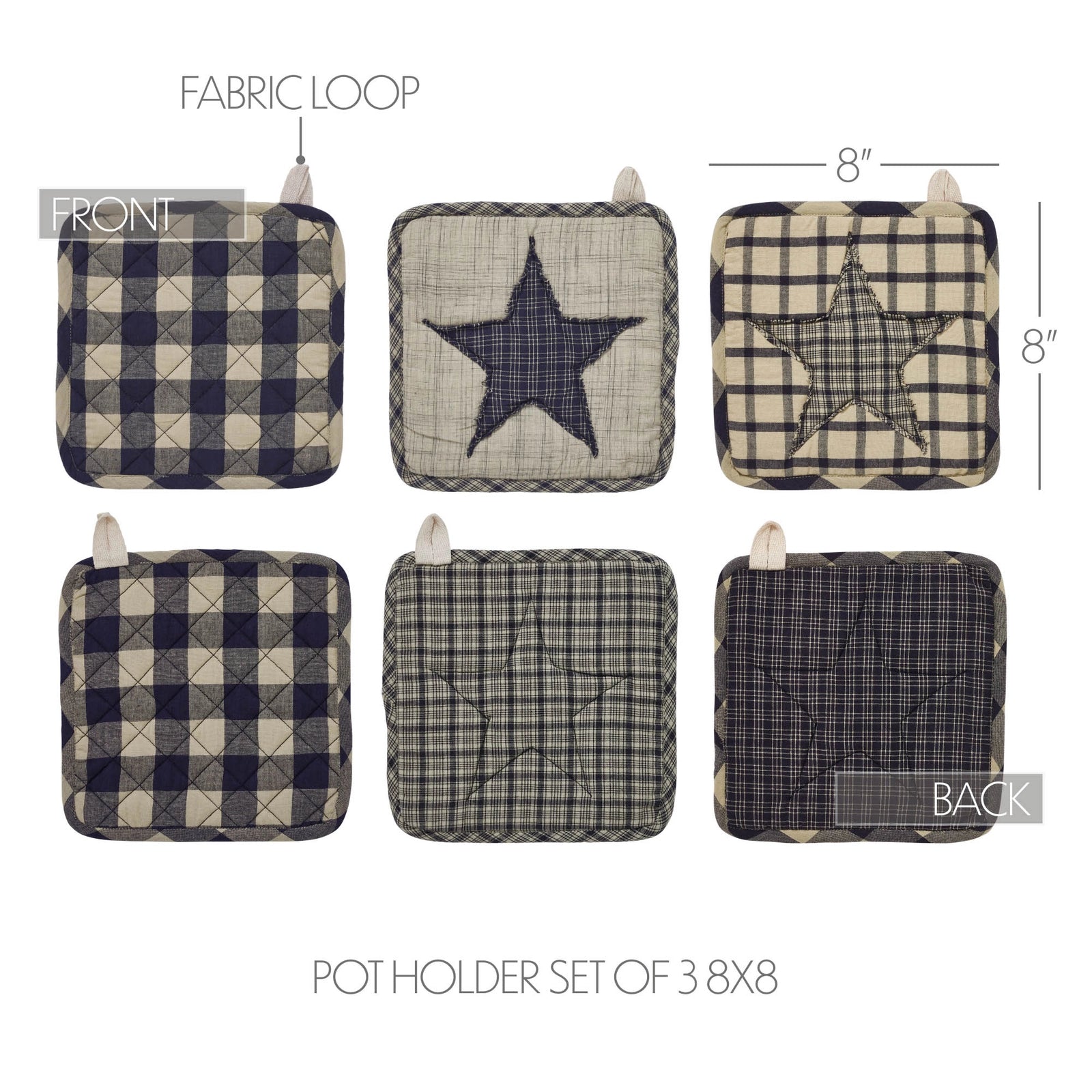 Six fabric pot holders arranged in a 2x3 grid on a white background, with front and back views shown. The set includes plaid and star quilted designs in navy, beige, gray, and dark blue.