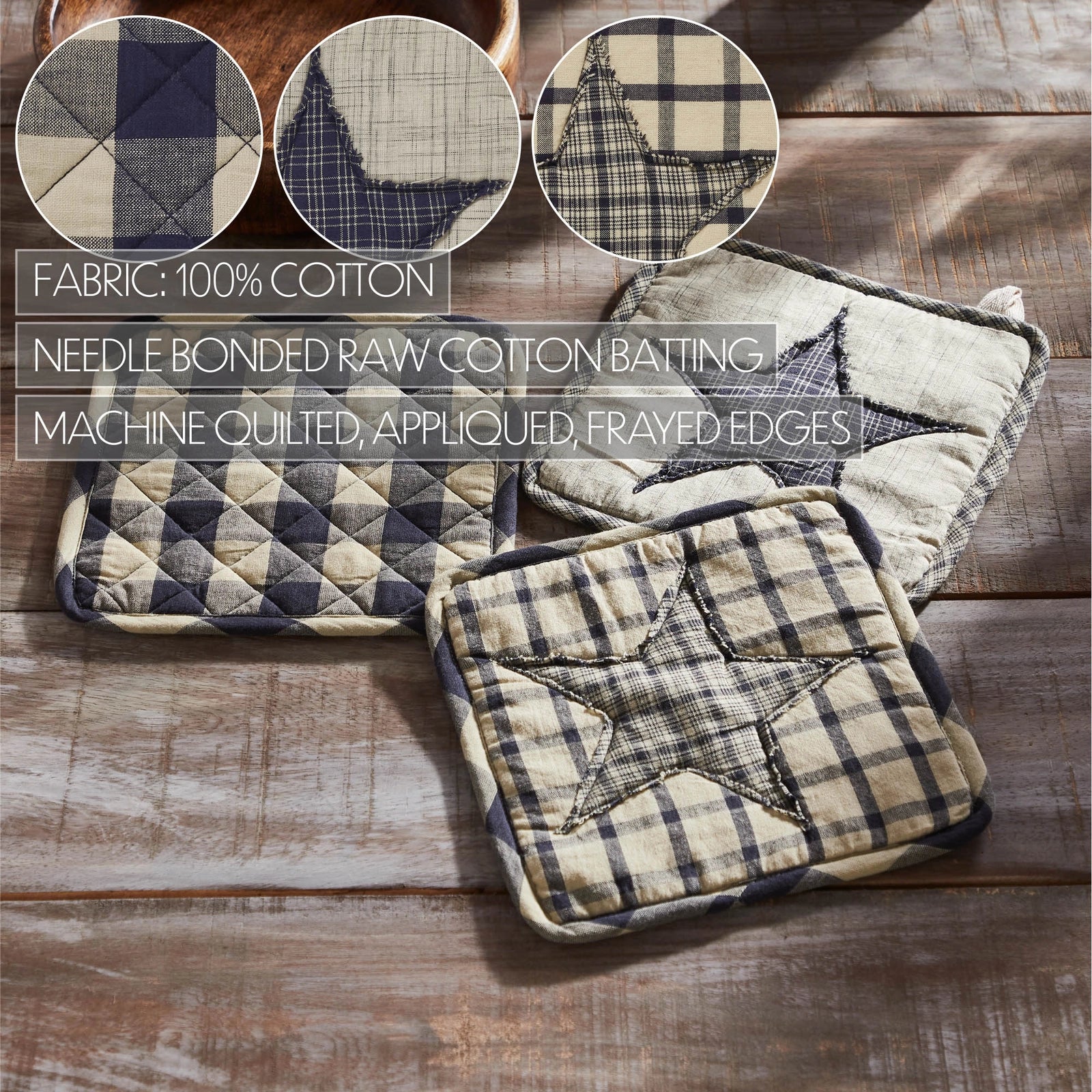 My Country Patchwork Pot Holder Set of 3 – 8” x 8” | Primitive Americana Kitchen Decor