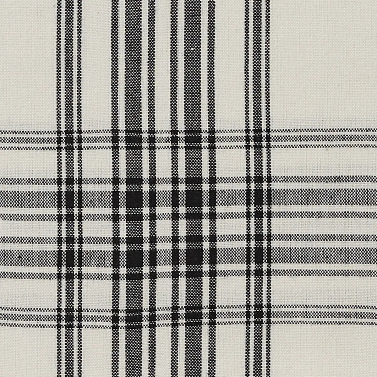 Black and white plaid fabric pattern with vertical and horizontal stripes.