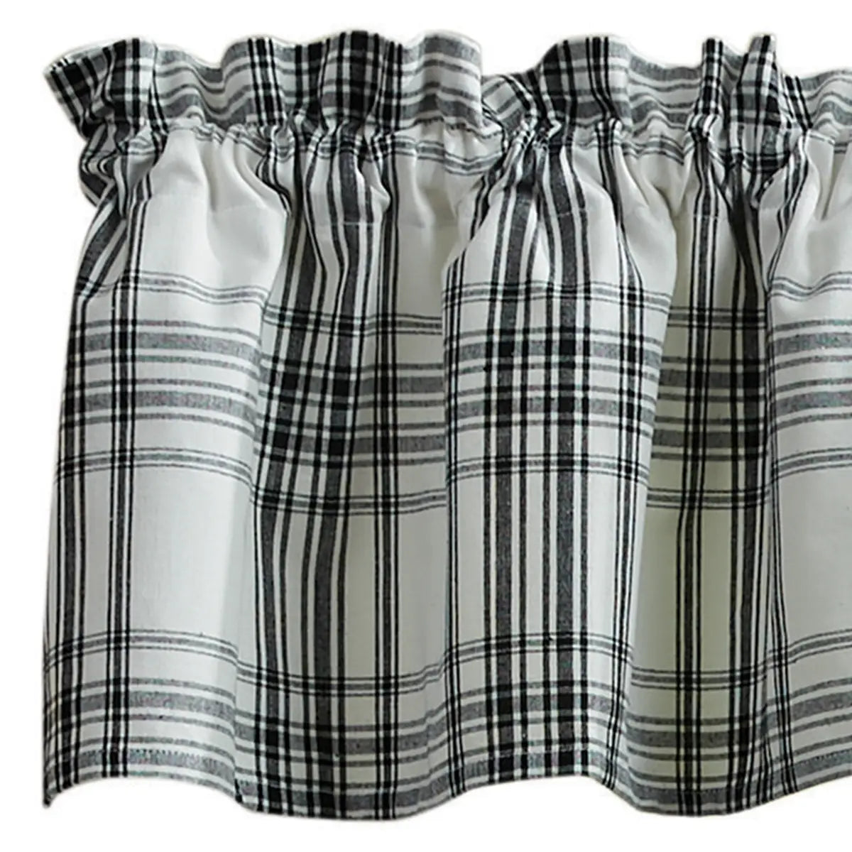Black and white plaid kitchen curtain valance with a ruffled top band, shown against a plain white background.