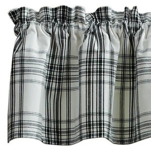 Black and white plaid kitchen curtain valance with a ruffled top band, shown against a plain white background.