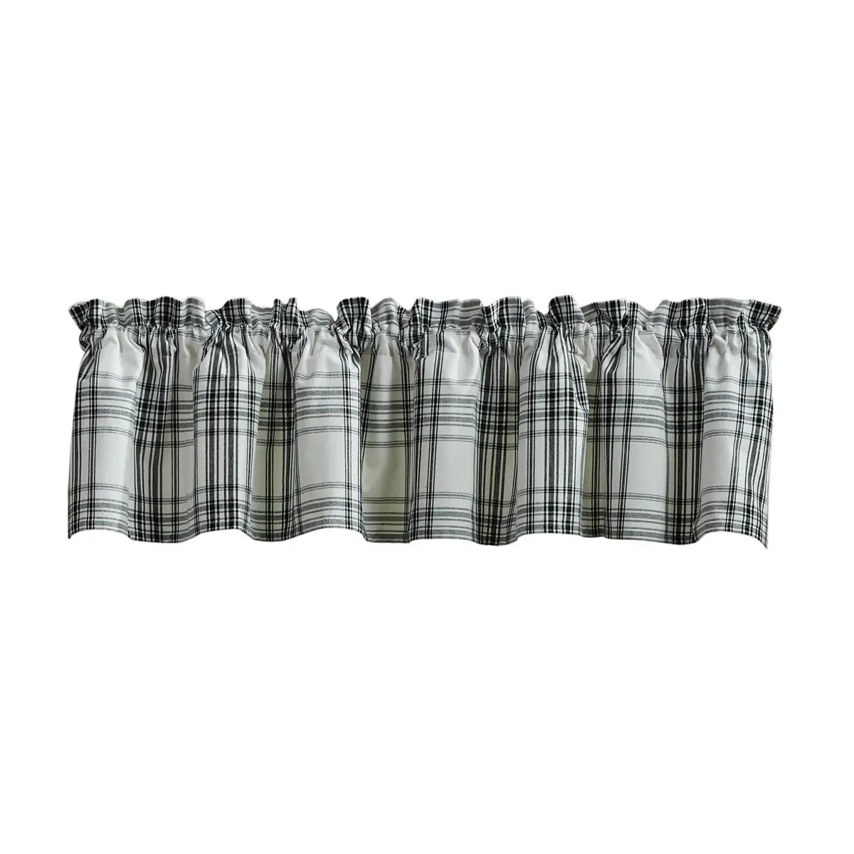 A white fabric valance with a black and gray plaid pattern, featuring a gathered ruffled top border, shown against a plain white background.