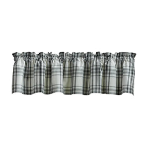 A white fabric valance with a black and gray plaid pattern, featuring a gathered ruffled top border, shown against a plain white background.