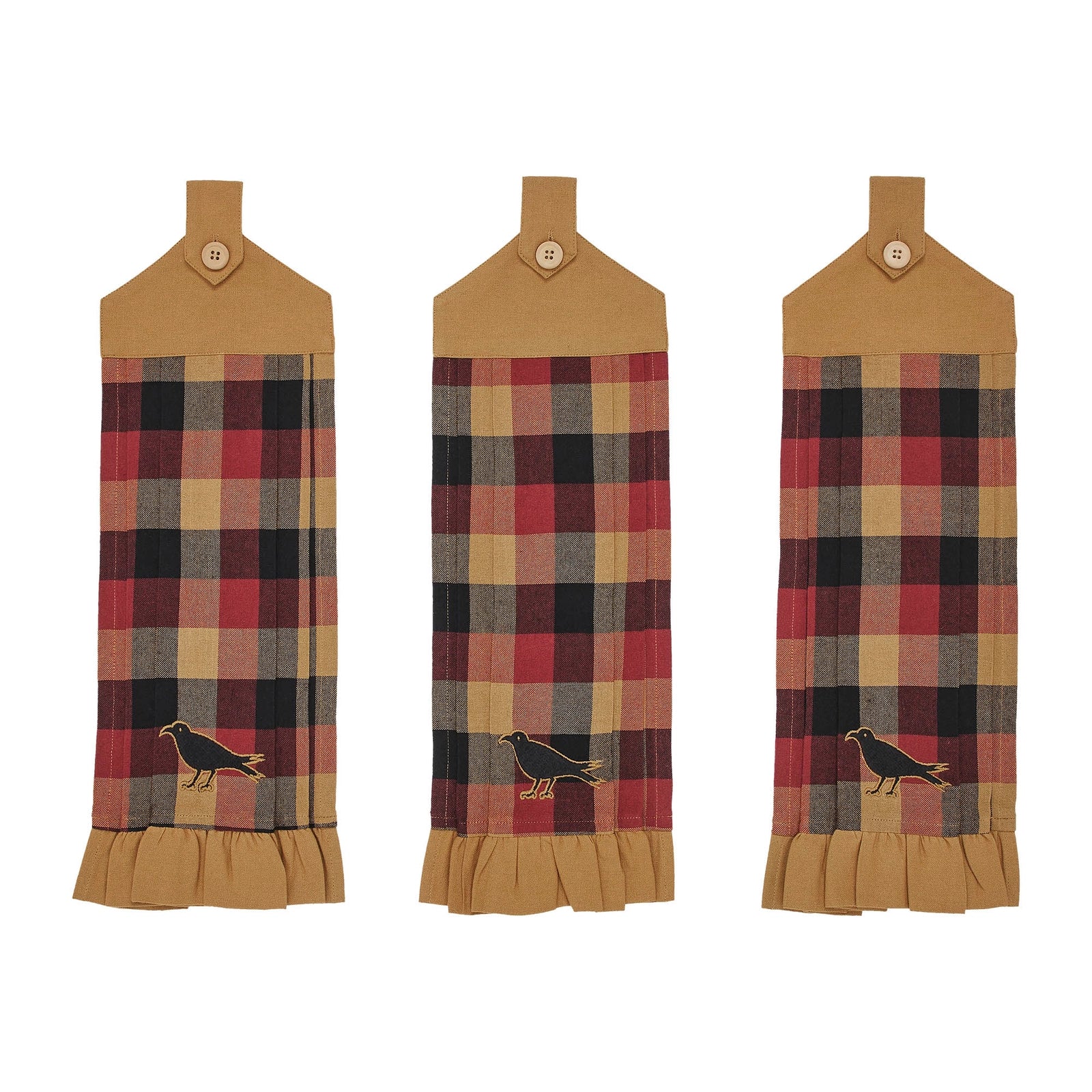 Three matching plaid kitchen towels with tan ruffled hems and button tabs, featuring a red, black, and tan buffalo plaid pattern and an embroidered bird near the bottom, shown on a white background.