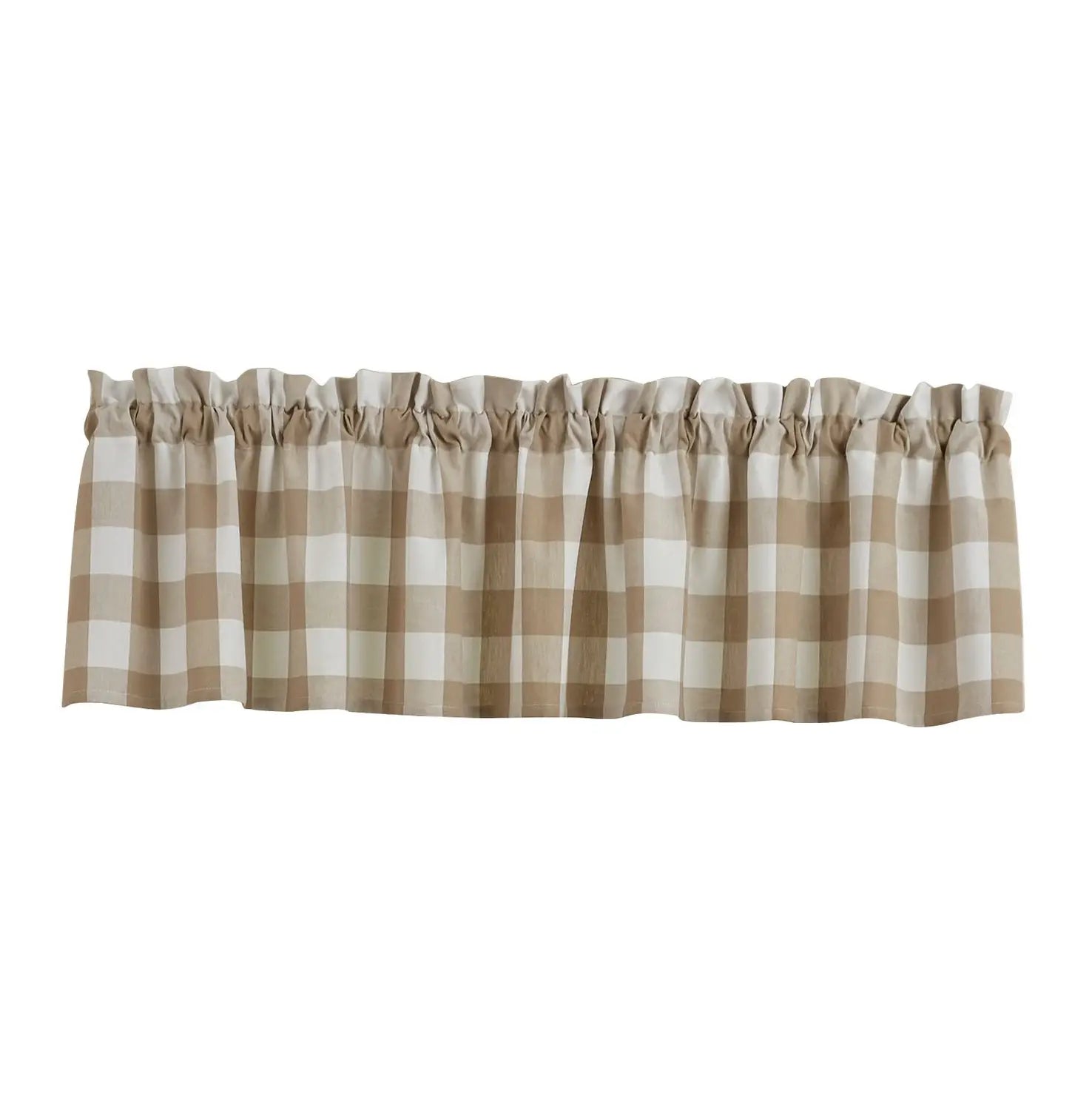 A fabric window valance with a brown and cream gingham check pattern, featuring a gathered ruffled top edge, shown against a plain white background.