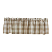 A fabric window valance with a brown and cream gingham check pattern, featuring a gathered ruffled top edge, shown against a plain white background.