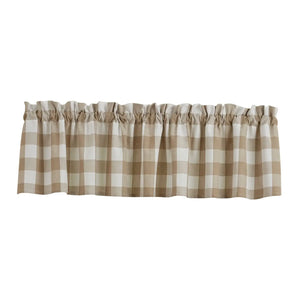A fabric window valance with a brown and cream gingham check pattern, featuring a gathered ruffled top edge, shown against a plain white background.