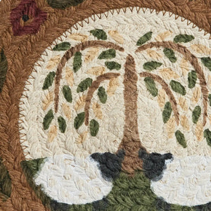 Close-up of a textured fabric with tree design and floral elements.