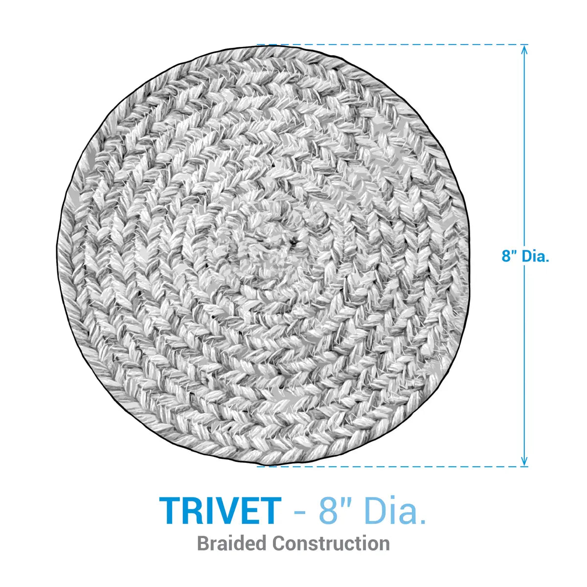 Round woven trivet with braided construction and 8-inch diameter measurement on a white background.