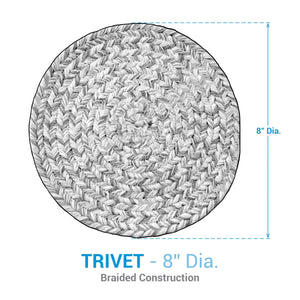 Round woven trivet with braided construction and 8-inch diameter measurement on a white background.