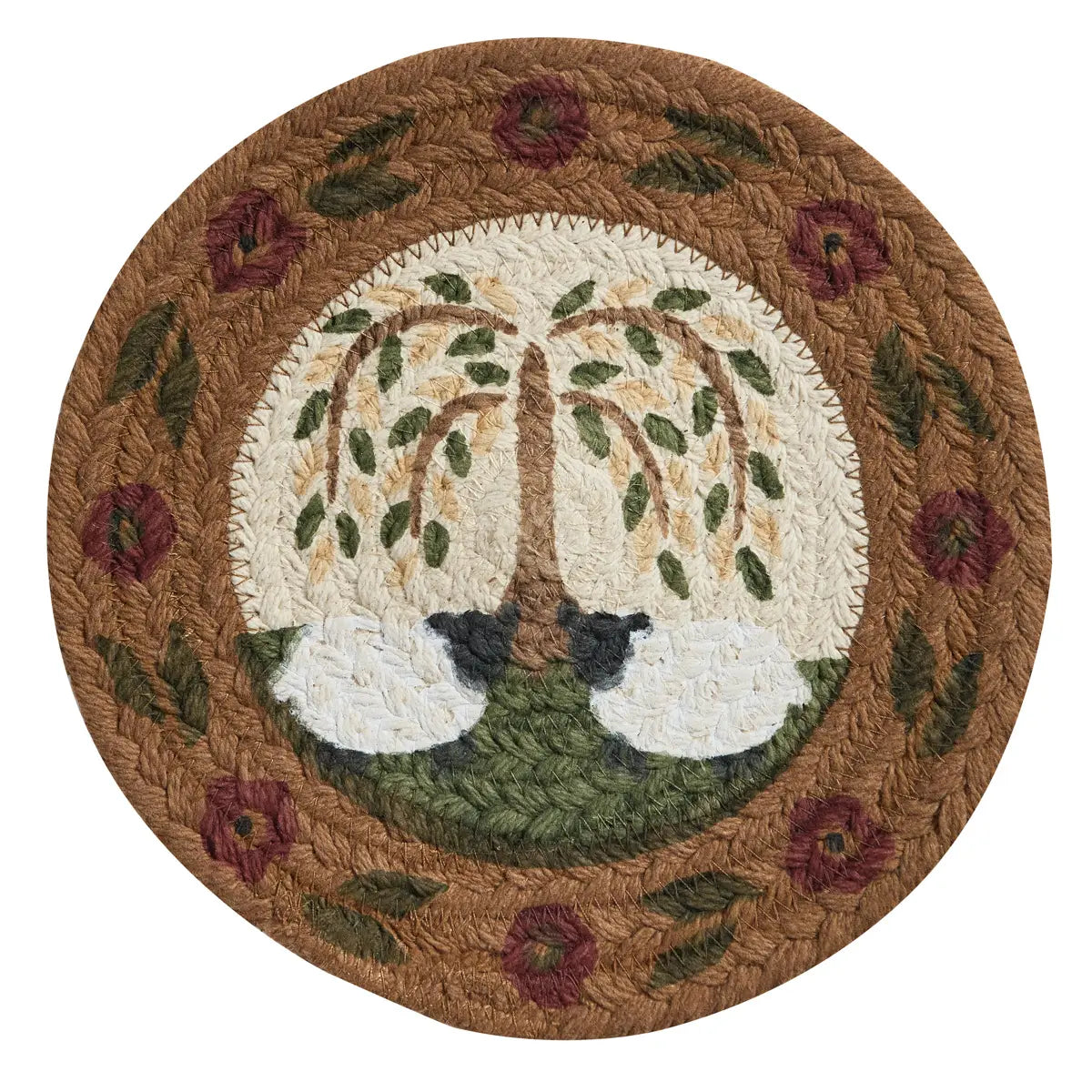 Round woven rug with sheep and tree design on a white background
