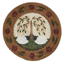 Round woven rug with sheep and tree design on a white background