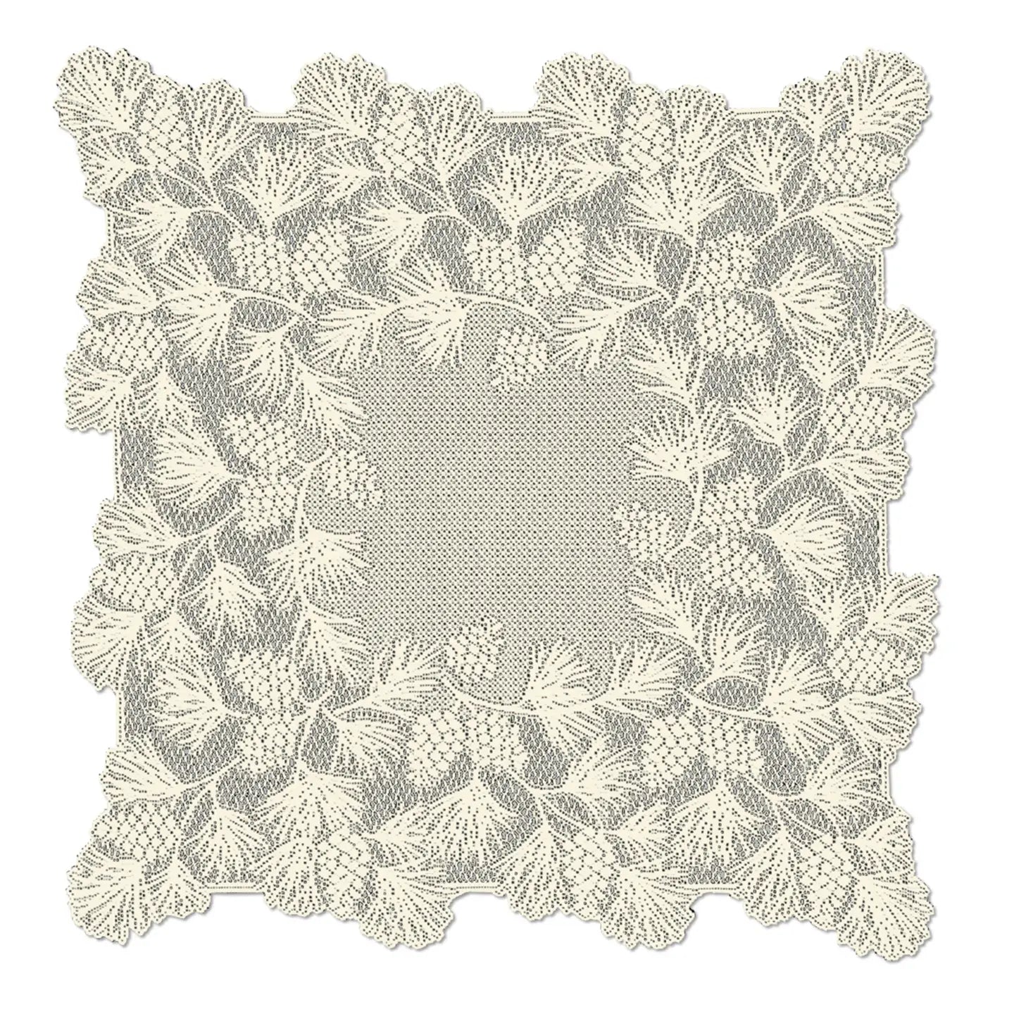 A square white embroidered lace doily with a scalloped border featuring delicate floral and pinecone motifs on a white textured fabric background.