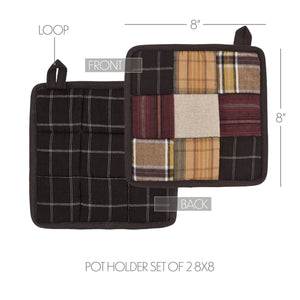 Patchwork pot holder set with front and back views, shown with dimension labels indicating 8x8 size. The front view shows a multicolor plaid patchwork design with black, beige, brown, and red tones, while the back view shows a solid black plaid grid pattern.