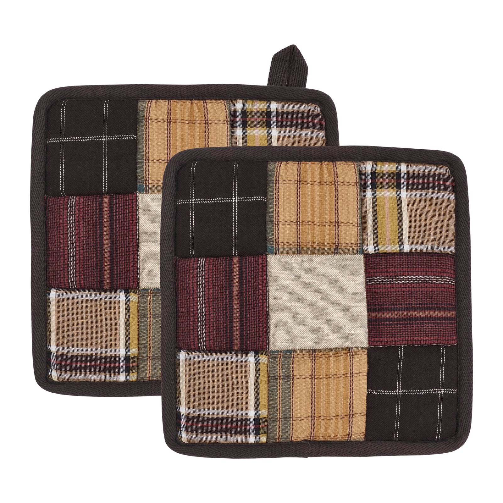 Two square patchwork potholders with a rustic plaid and solid fabric design in brown, beige, and red tones, shown on a plain white background.