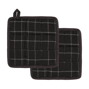 Two black quilted pot holders with a white windowpane plaid pattern, shown on a solid white background.
