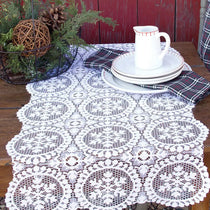 A white crocheted lace table runner with intricate circular floral patterns laid out on a rustic wooden table, styled with a white ceramic pitcher, stacked plates, and a plaid napkin.