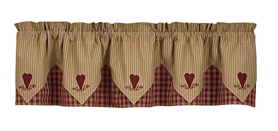 Sturbridge Wine Lined Point Valance Curtains - Embroidered Hearts